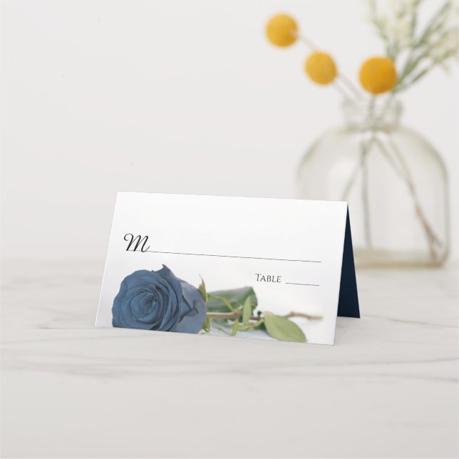 Elegant Dusty Steel Blue Rose Wedding Write-In Place Card (Front)