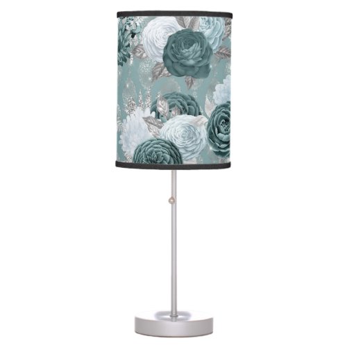 Elegant Dusty Teal Floral and Damask Design Table Lamp