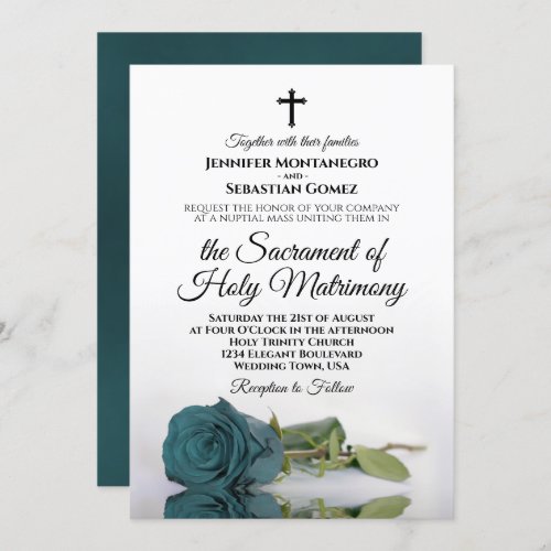 Elegant Dusty Teal Rose Modern Catholic Wedding Invitation