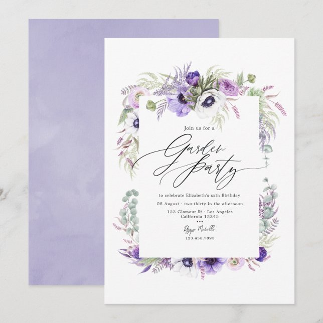Elegant Dusty Violet Floral Garden Party Invitation (Front/Back)