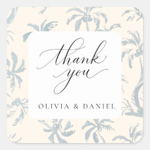 Elegant DustyBlue Tropical Toile Coastal Thank You Square Sticker