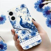Elegant Dutch Delft Blue Floral Peacock Watercolor