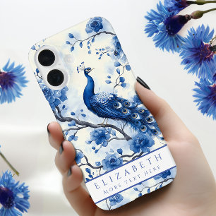Elegant Dutch Delft Blue Floral Peacock Watercolor iPhone 16 Case