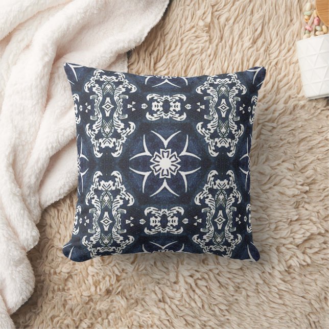 Elegant Dutch Delfts Blue Floral Art Pattern Throw Pillow (Blanket)