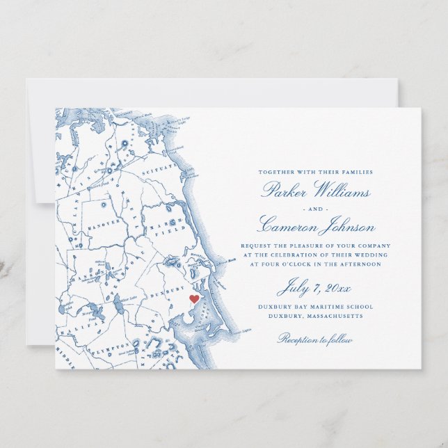 Elegant Duxbury Massachusetts Map Navy Wedding Invitation (Front)