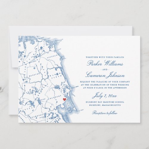 Elegant Duxbury Massachusetts Map Navy Wedding Invitation