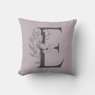 Elegant E Boho Floral Monogram Initial Lilac Gray Throw Pillow
