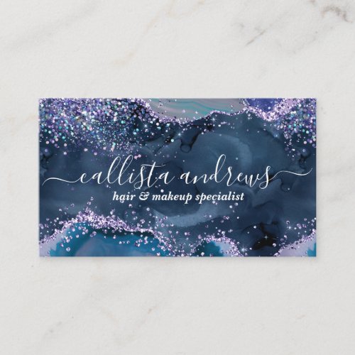 Elegant Earth Blue Agate Glitter Marble Watercolor Business Card