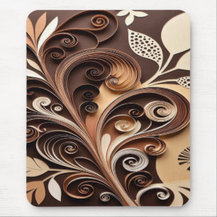 Elegant Earth-Hued Floral Swirls in Paper-Cut Styl Mouse Pad