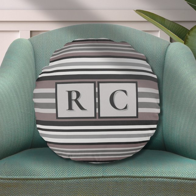 Elegant Earth Tone Brown Savannah Stripes Monogram Round Pillow (Creator Uploaded)