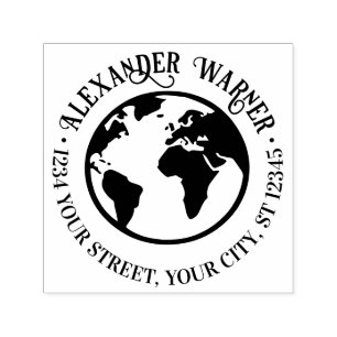 Elegant Earth World Globe Map Name Return Address Self-inking Stamp