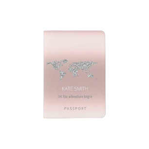 Elegant Earth World Map Gray Rose Name Passport Holder