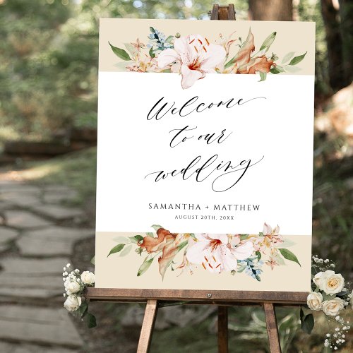 Elegant Earthy Blooms Beige Wedding Welcome Sign