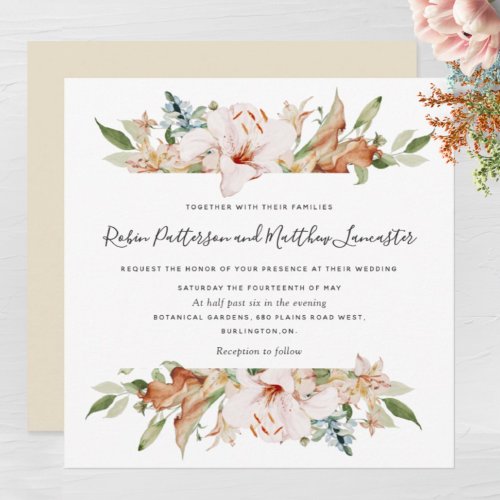 Elegant Earthy Blooms Beige White Square Wedding Invitation