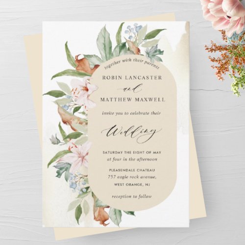 Elegant Earthy Blooms Buttery Beige Oval Invitation