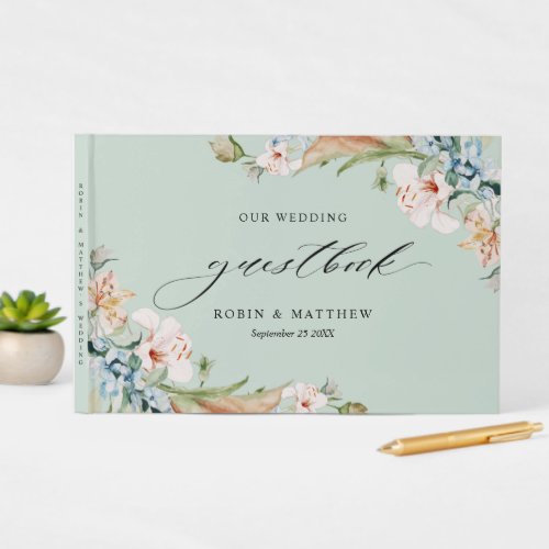 Elegant Earthy Blooms in Sage Green Wedding Guest Book