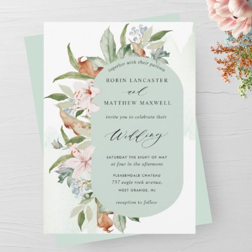 Elegant Earthy Blooms Sage Green Oval Wedding Invitation