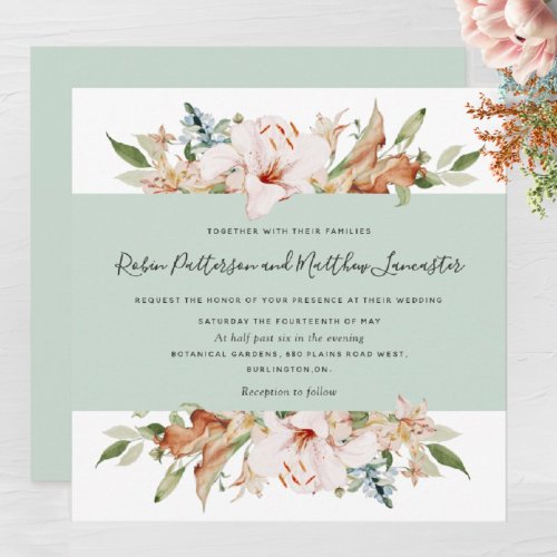 Elegant Earthy Blooms Sage Green Square Wedding In Invitation