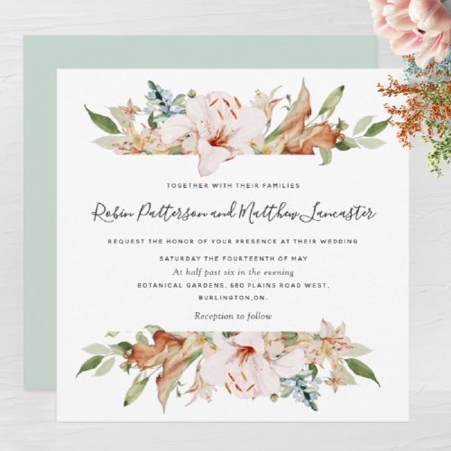 Elegant Earthy Blooms Sage White Square Wedding Invitation