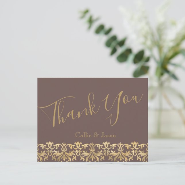 Elegant Earthy Brown and Gold Wedding Thank You Postcard (Standing Front)
