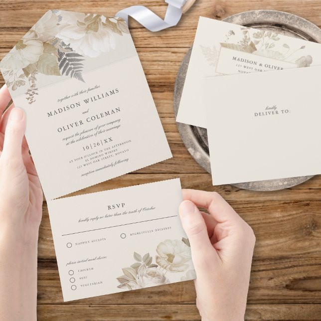 Elegant Earthy Floral Botanical Cream Wedding All In One Invitation (Creator Uploaded)