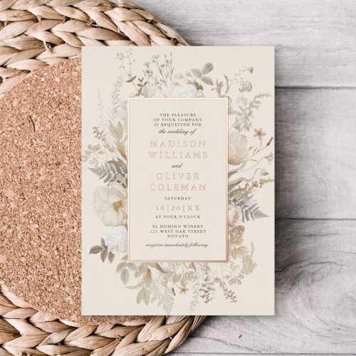 Elegant Earthy Floral Chic Cream Wedding REAL Foil Invitation