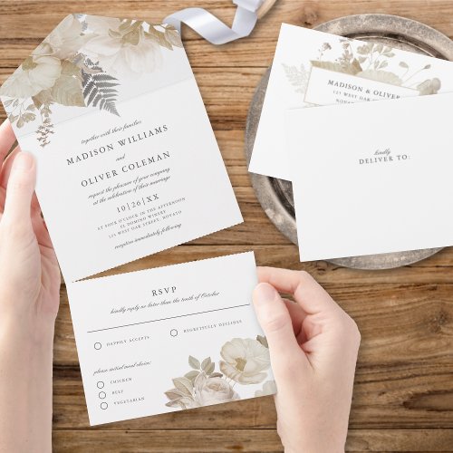 Elegant Earthy Floral Chic White Wedding All In One Invitation