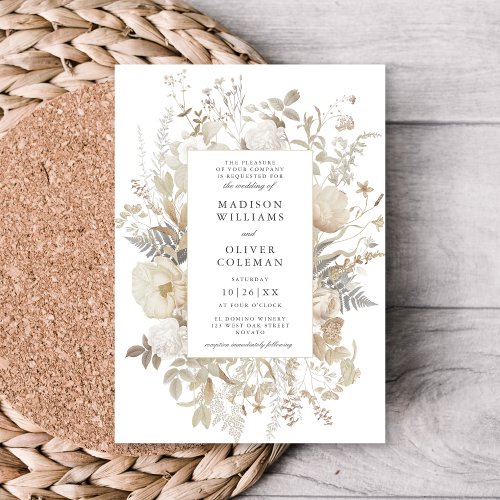 Elegant Earthy Floral Chic White Wedding Invitation