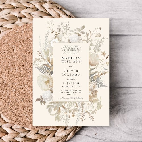 Elegant Earthy Floral Cream Chic Wedding Invitation