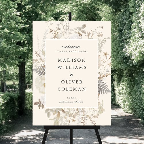 Elegant Earthy Floral Cream Wedding Welcome Sign