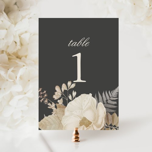 Elegant Earthy Floral Dark Grey Moody Wedding Table Number