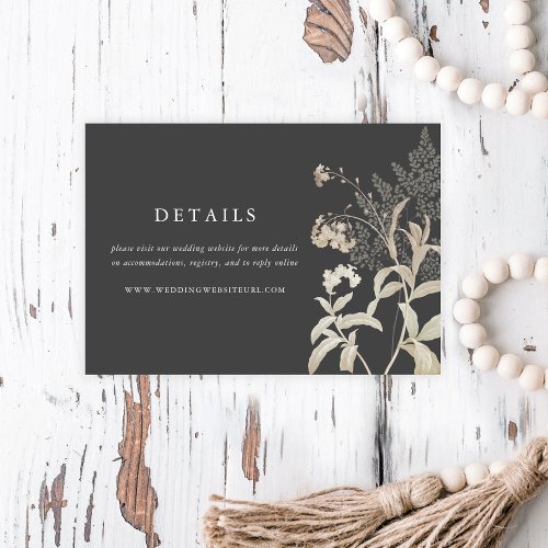 Elegant Earthy Floral Dark Grey Wedding Details Enclosure Card