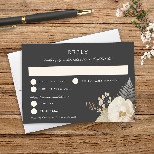 Elegant Earthy Floral Dark Grey Wedding RSVP  Card (Creator Uploaded)