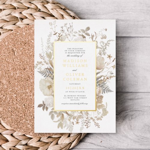 Elegant Earthy Floral Frame White Wedding REAL Foil Invitation