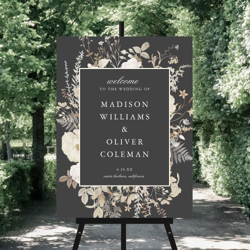 Elegant Earthy Floral Grey Wedding Welcome Sign