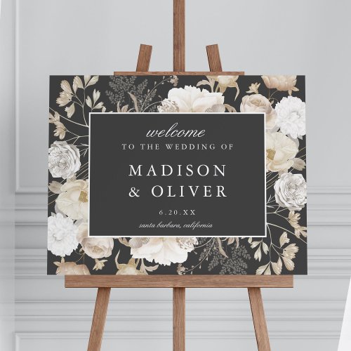 Elegant Earthy Floral Grey Wedding Welcome Sign