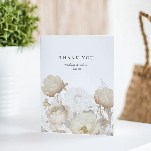 Elegant Earthy Floral White Chic Wedding Thank You Card | Zazzle