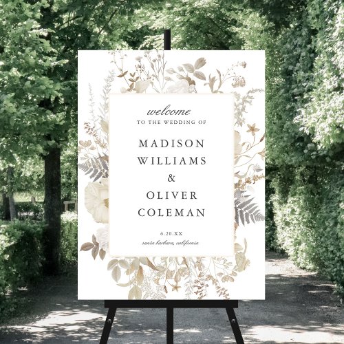 Elegant Earthy Floral White Wedding Welcome Sign