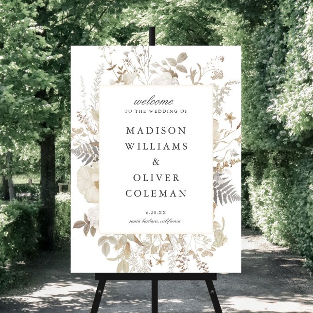 Elegant Earthy Floral White Wedding Welcome Sign (Creator Uploaded)