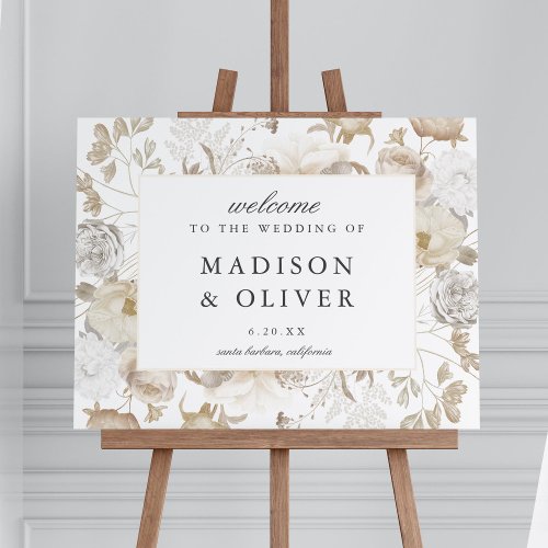 Elegant Earthy Floral White Wedding Welcome Sign