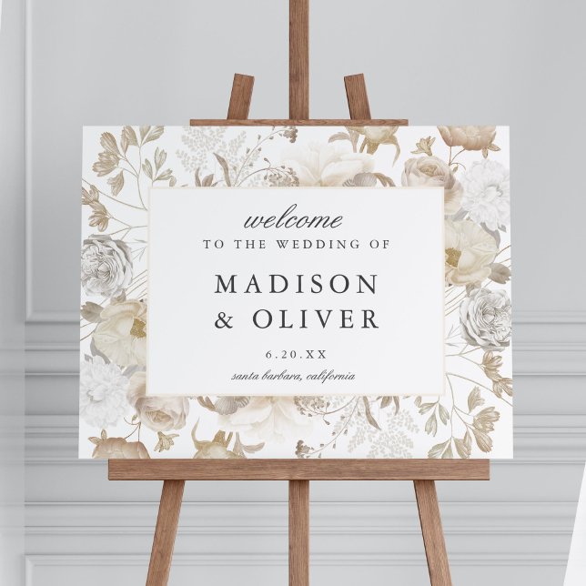 Elegant Earthy Floral White Wedding Welcome Sign (Creator Uploaded)