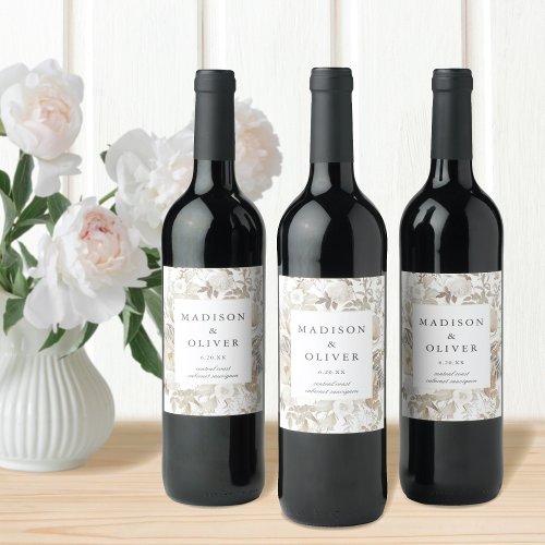 Elegant Earthy Floral White Wedding  Wine Label