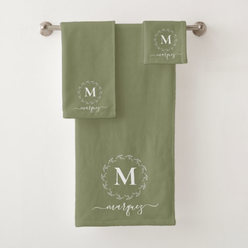 Elegant Earthy Green Personalized Wreath Monogram Bath Towel Set