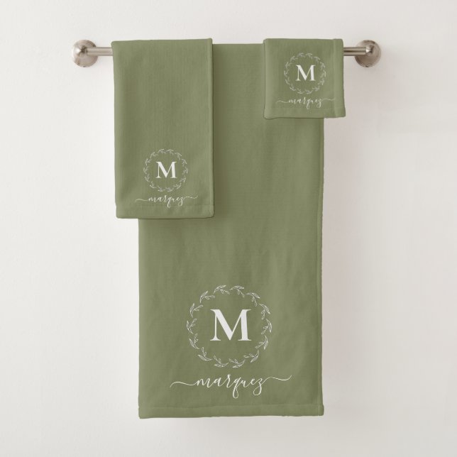 Elegant Earthy Green Personalized Wreath Monogram Bath Towel Set (Insitu)