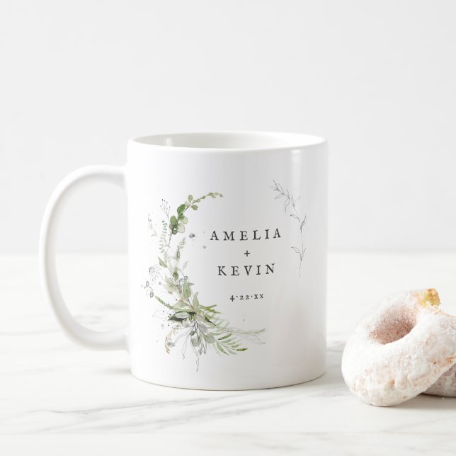 Elegant Earthy Greenery Personalized Names Date Coffee Mug (With Donut)