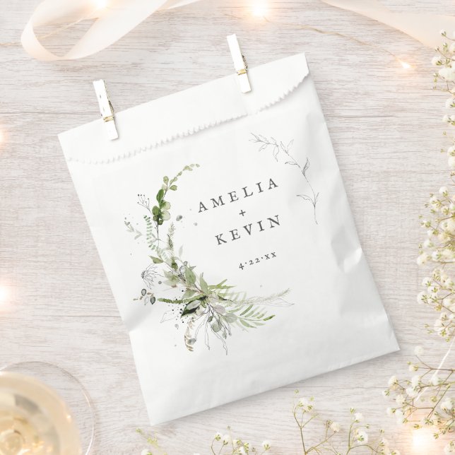 Elegant Earthy Greenery Personalized Names Date  Favor Bag (Clipped)
