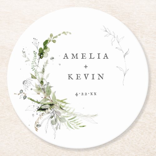 Elegant Earthy Greenery Personalized Names Date Pa Round Paper Coaster