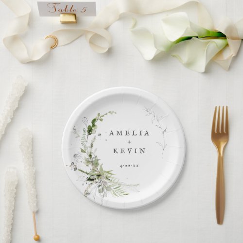 Elegant Earthy Greenery Personalized Names Date Paper Plates