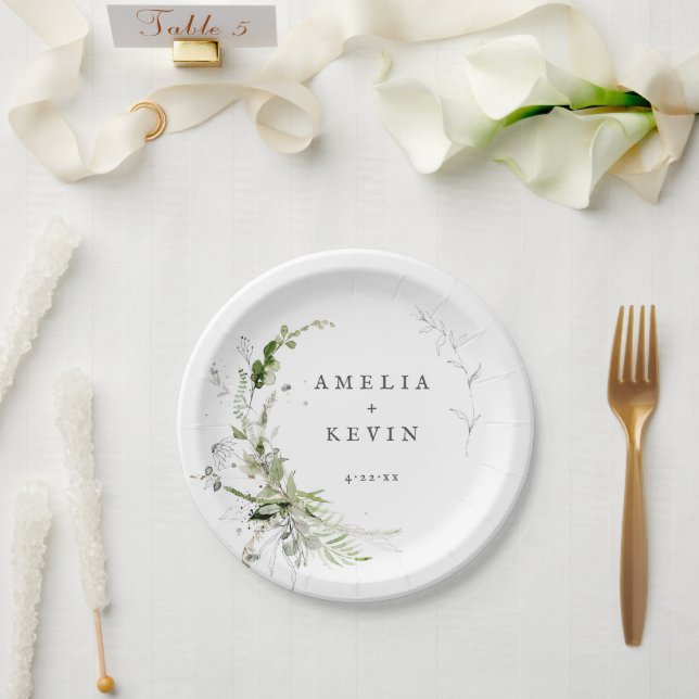Elegant Earthy Greenery Personalized Names Date Paper Plates (Wedding)