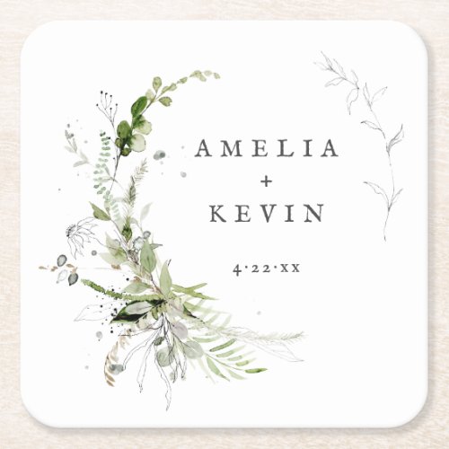 Elegant Earthy Greenery Personalized Names Date Square Paper Coaster
